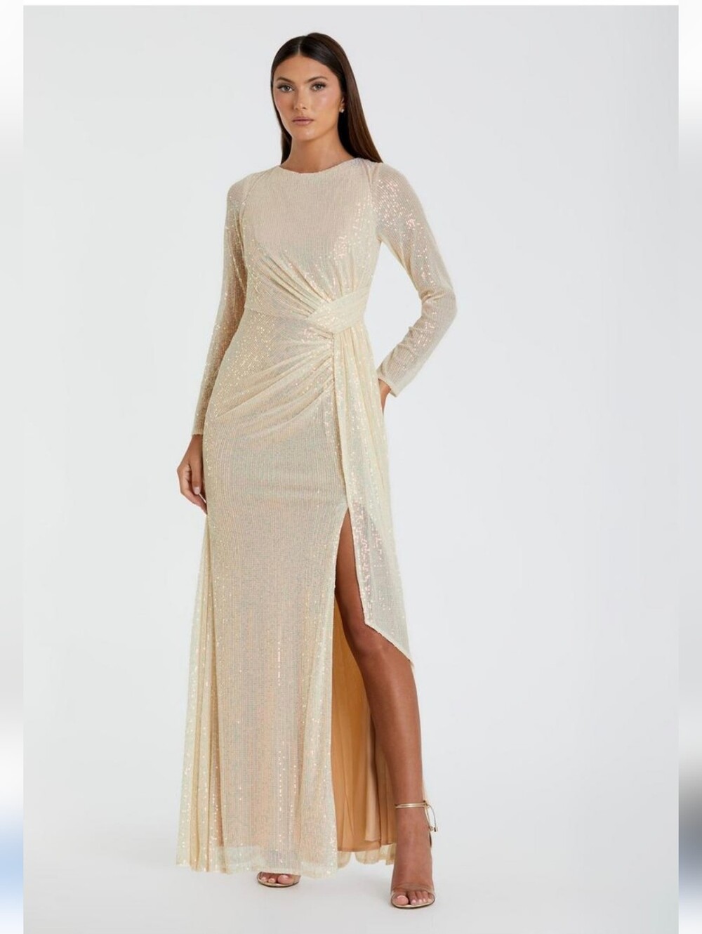 Mac Duggal 26715 Pearl Sequined Side Knot Long Sleeve NWT